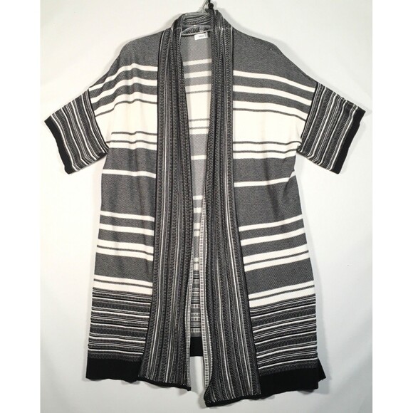 VINCE Women's Short Sleeve Open Front Long Striped Cardigan Black White SZ Small - Picture 3 of 13